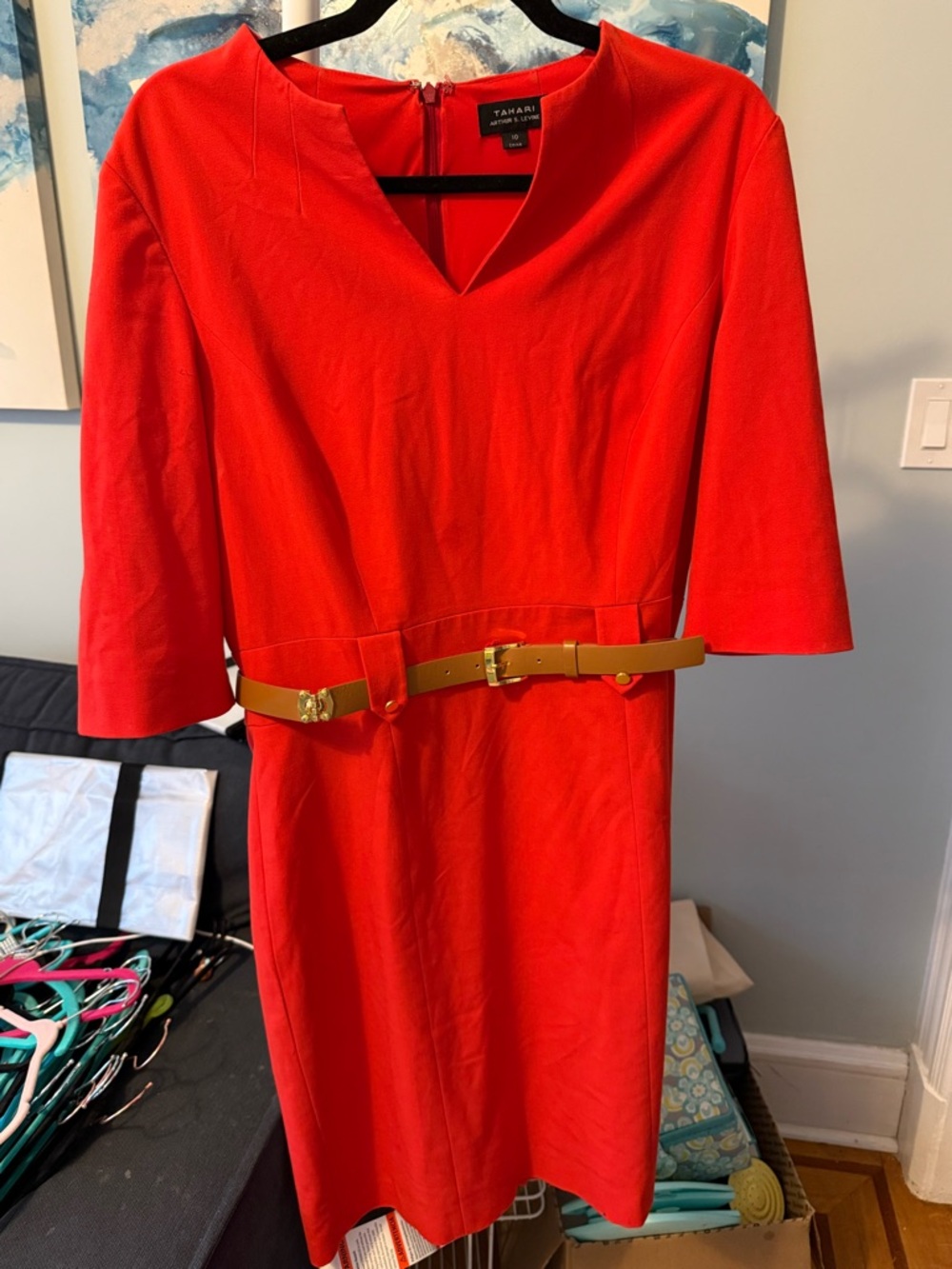 Tahari ASL Bright Red Sheath Dress with Tan Belt